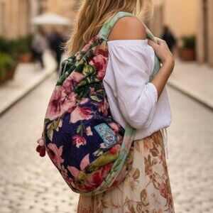 JOHNNY WAS one shoulder velour drawstring backpack / sling bag w logo tag